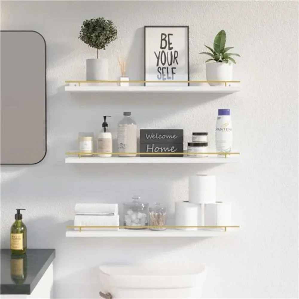 Floating Shelves 24 inches with‎ Gold Metal Guardrail, Wall Decor Set of 3
